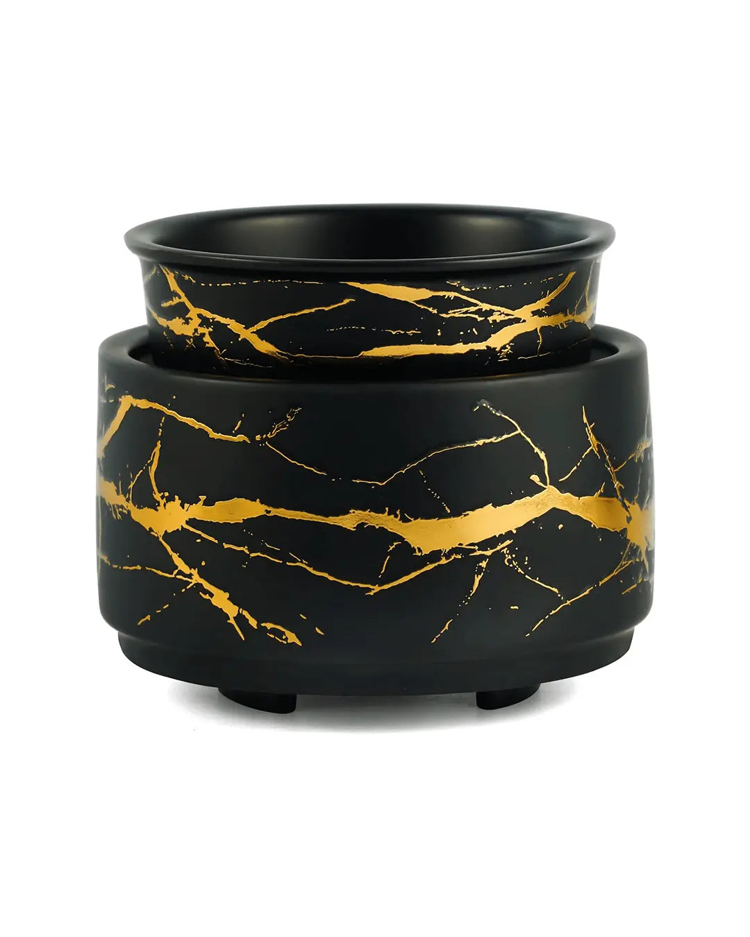 Black and gold electric wax melt burner with marble pattern, designed for melting candles or wax melts.