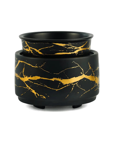 Black and gold electric wax melt burner with marble pattern, designed for melting candles or wax melts.